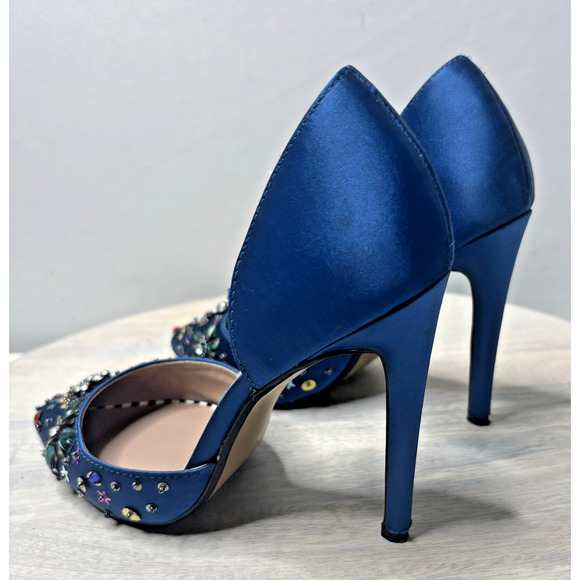 Betsey Johnson Mayson Heels Sz 6 Blue Satin Jeweled Sequin Shoes Pumps - Picture 5 of 10